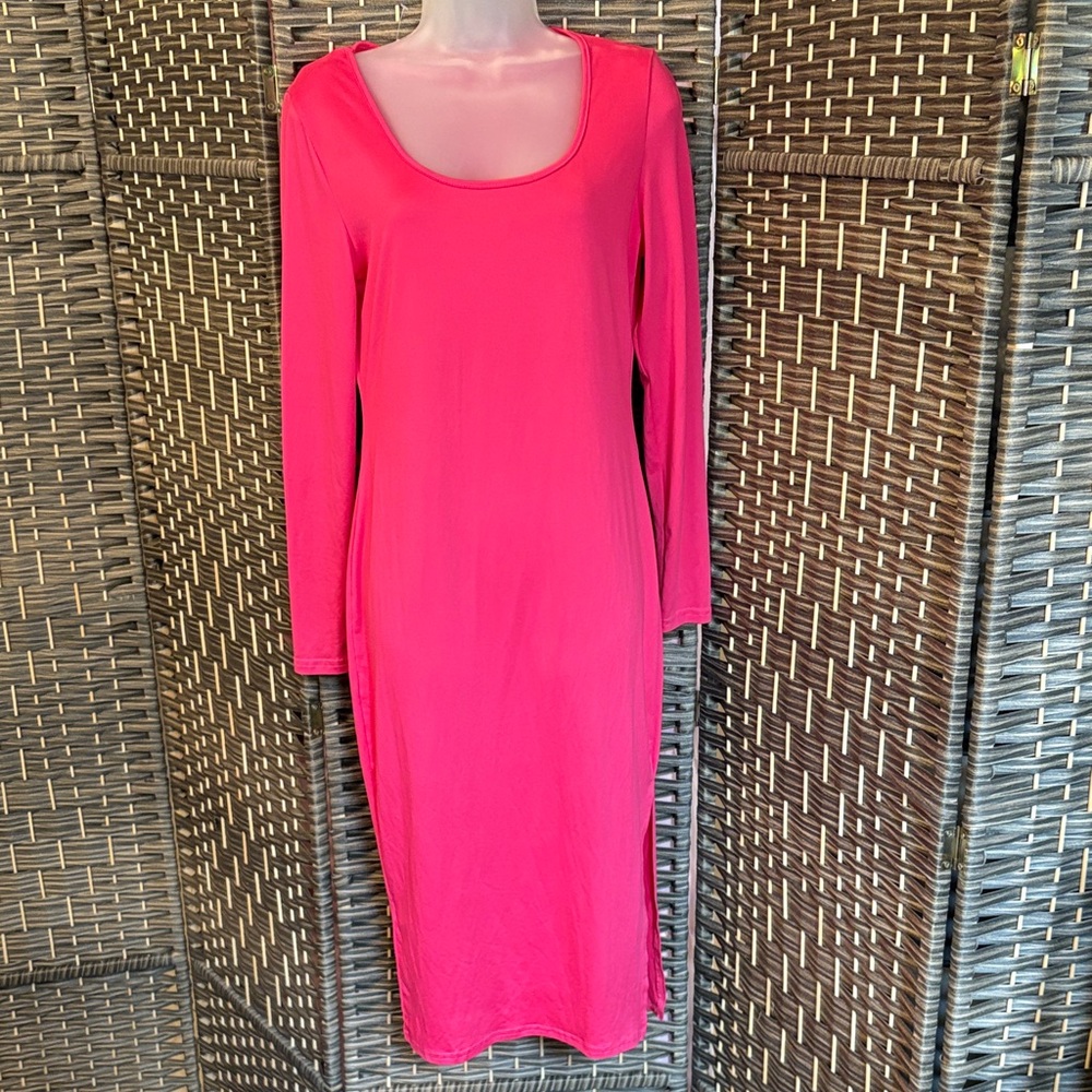 Long Sleeve Scoop Neck Pink Women's Dress